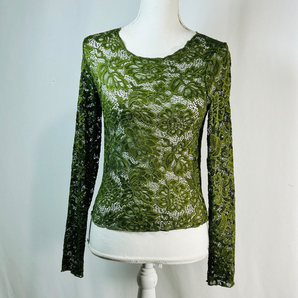 GLC Good Luck Gem Olive Green Lace Long Sleeve Scoop Neck Top Women's M